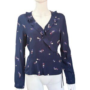 Rails Simone Wrap Blouse Floral Ruffle Medium Navy Kyoto Rayon Adjustable Wrap